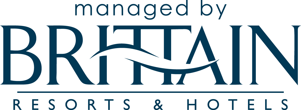 A &ldquo;manged by BRITAIN&rdquo; logo with &ldquo;RESORTS & HOTELS&rdquo; text beneath, featuring a stylized wave over &ldquo;BRITAIN.&rdquo; logo on footer section. Link to external website.
