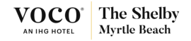 The image shows a logo with &ldquo;VOCO&rdquo; in large letters and the phrase &ldquo;The Shelby Myrtle Beach&rdquo; beside it, plus a tagline &ldquo;AN IND H0TEL&rdquo; below.