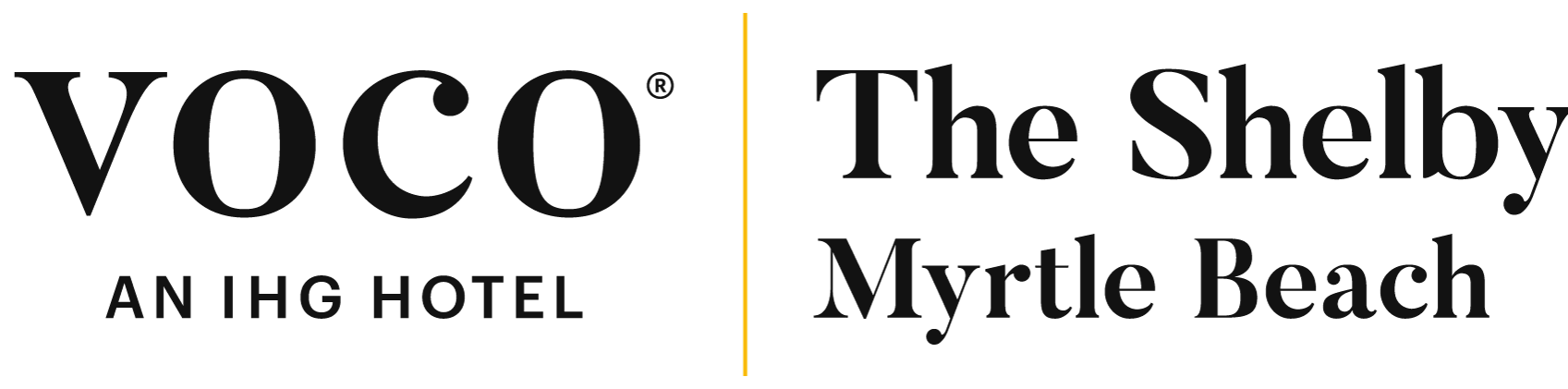 Logo for Voco, an IHG hotel, named The Shelby, located in Myrtle Beach, with a vertical yellow line separator.