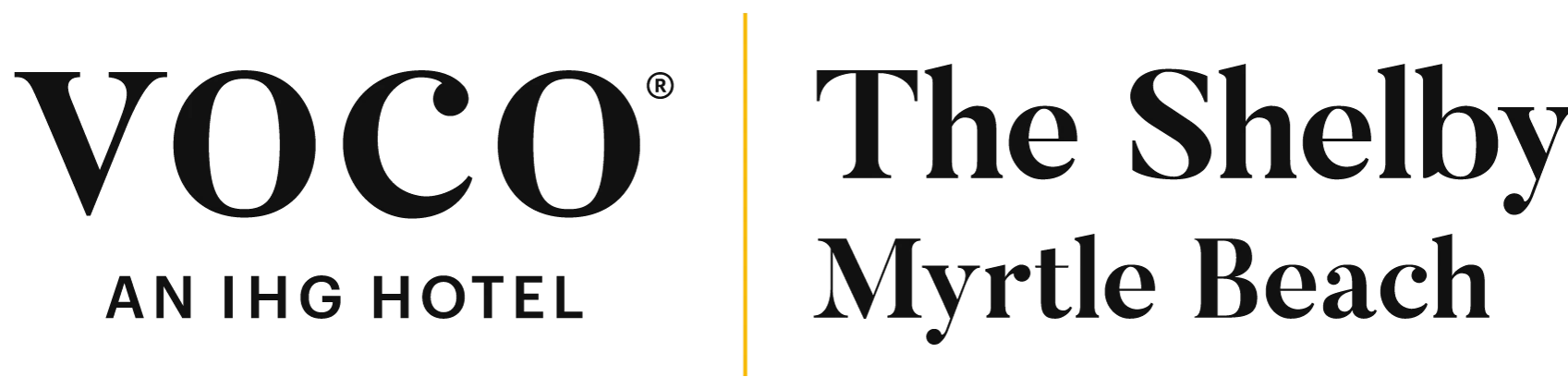 Logo for Voco, an IHG hotel, named The Shelby, located in Myrtle Beach, with a vertical yellow line separator. logo on footer section. Link to external website.