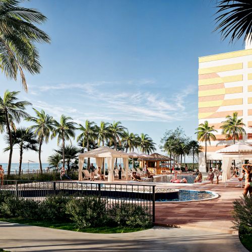 A tropical resort scene with palm trees, a pool, people relaxing, and a tall building, set against a clear, sunny sky.