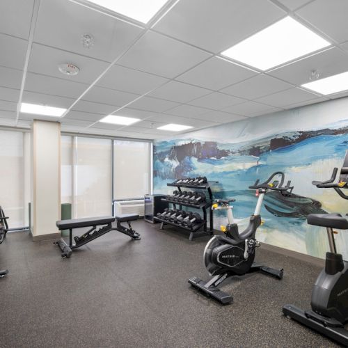 A modern gym room with cardio machines, free-weight benches, and a large ocean-themed wall mural.