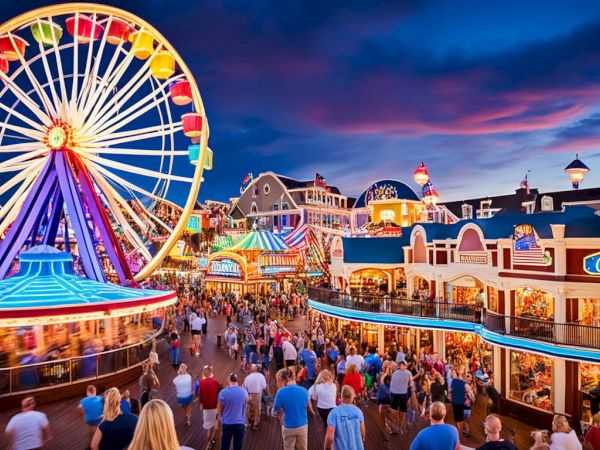 A vibrant amusement park scene with a Ferris wheel, shops, and a crowd of people enjoying the atmosphere at dusk under a colorful sky.