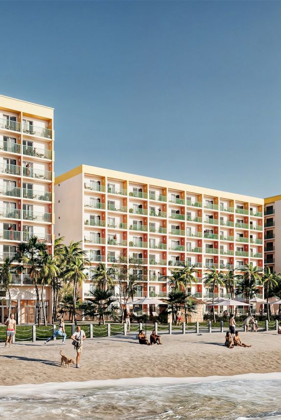 The image shows a beachfront hotel with colorful balconies, surrounded by palm trees, and people enjoying the beach.