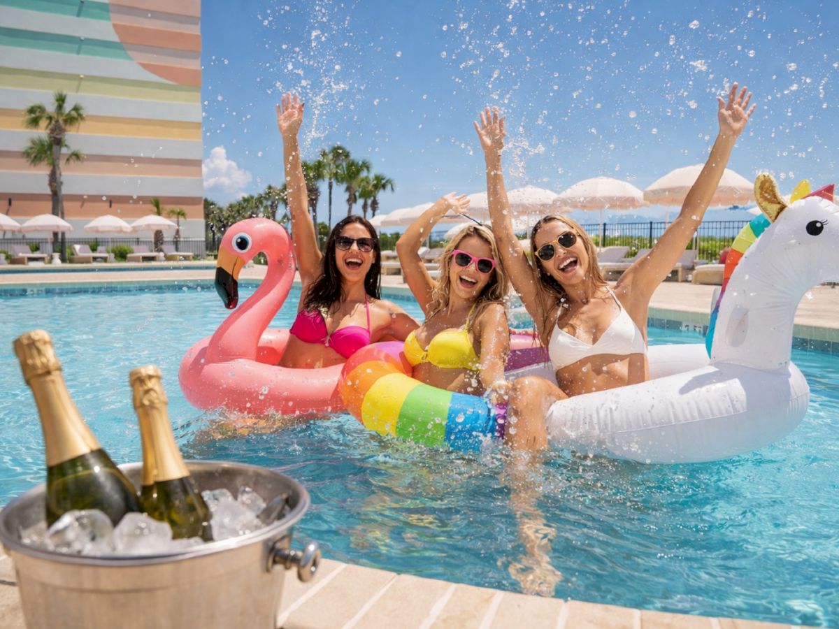 Three friends in a sunny pool party with inflatable animals (flamingo, rainbow float, unicorn), champagne bucket on the side, waving happily.