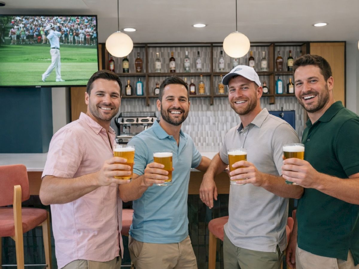 Four friends toasting with beers in a bar, smiling and posing for the photo.